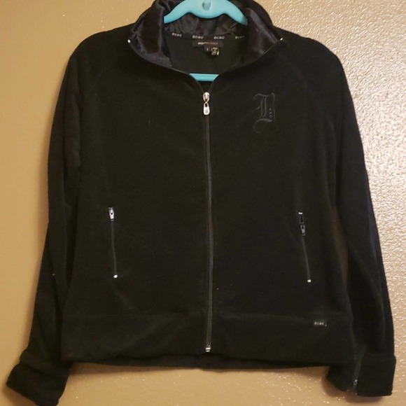 BCBG Black Velour Zip Jacket Sz L 90s Y2K Logo Track Street - Picture 2 of 8